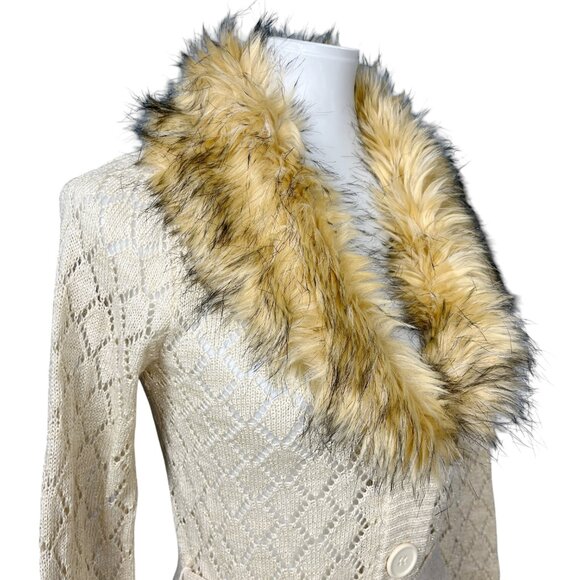 Vintage Y2K Fur Trim Cardigan Sweater Pointelle Knit Penny Lane Cream - Picture 4 of 13